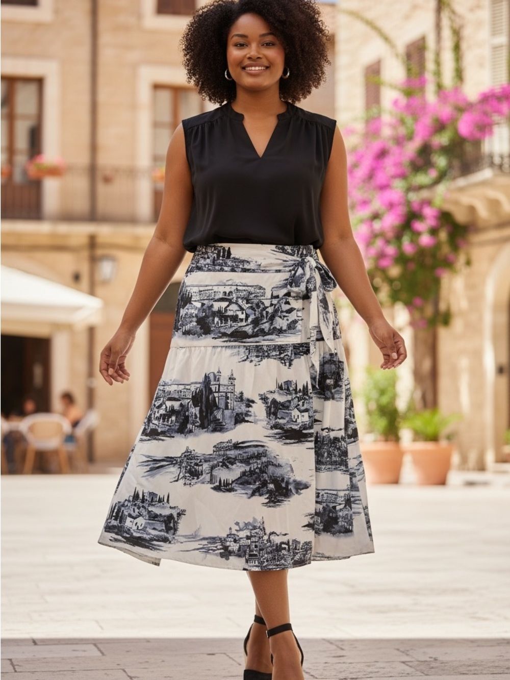 Deja Bleu Scenic Tie-Waist Midi Skirt in Blue & White